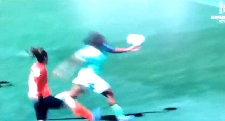Nigeria score in crazy fashion after a poor clearance and a handball