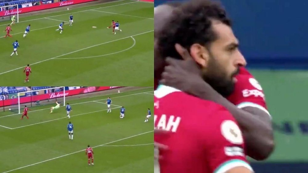 Salah scored his 100th for Liverpool in the derby against Everton. Screenshots/DAZN