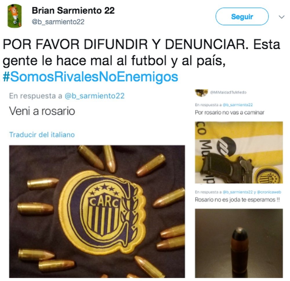 Lamentables e injustificadas amenazas de muerte a Sarmiento. Twitter