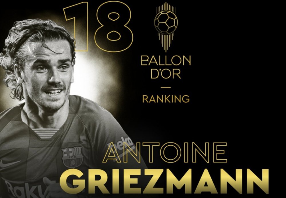 Griezmann, de terceiro na Bola de Ouro ao discreto 18º lugar. Twitter/francefootball