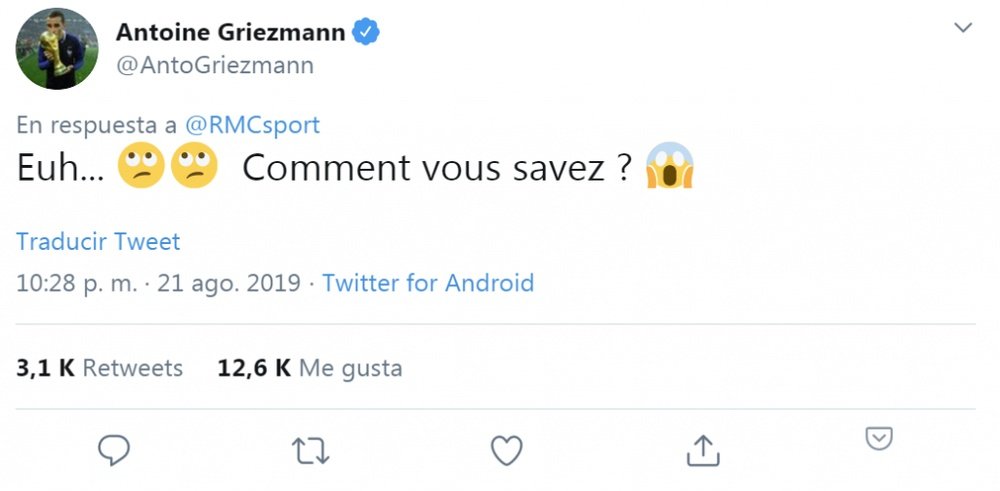 Griezmann reflejó cierta 'inquietud' ante la posible llegada de Neymar. Twitter/AntoGriezmann