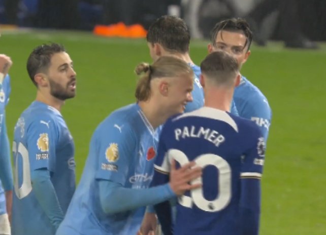 Haaland gave Cole Palmer a shove during Chelsea's draw with City. Screenshot/SkySports