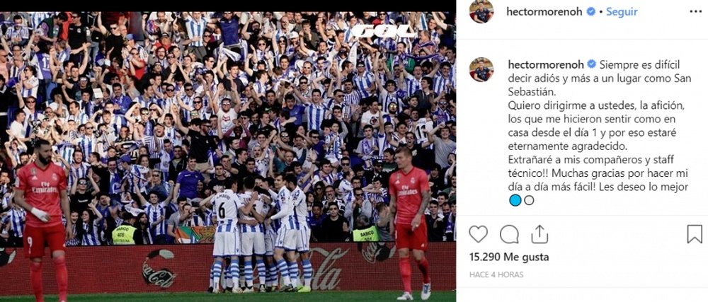 Héctor Moreno se despidió de la Real Sociedad por Instagram. Instagram/hectormorenoh