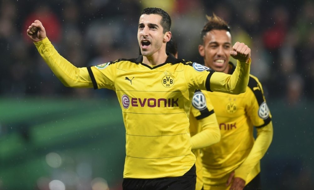 Henrikh Mkhitaryan et Pierre-Emerick Aubameyang, auteurs des deux buts du Borussia Dortmund en Coupe d'Allemagne. AFP