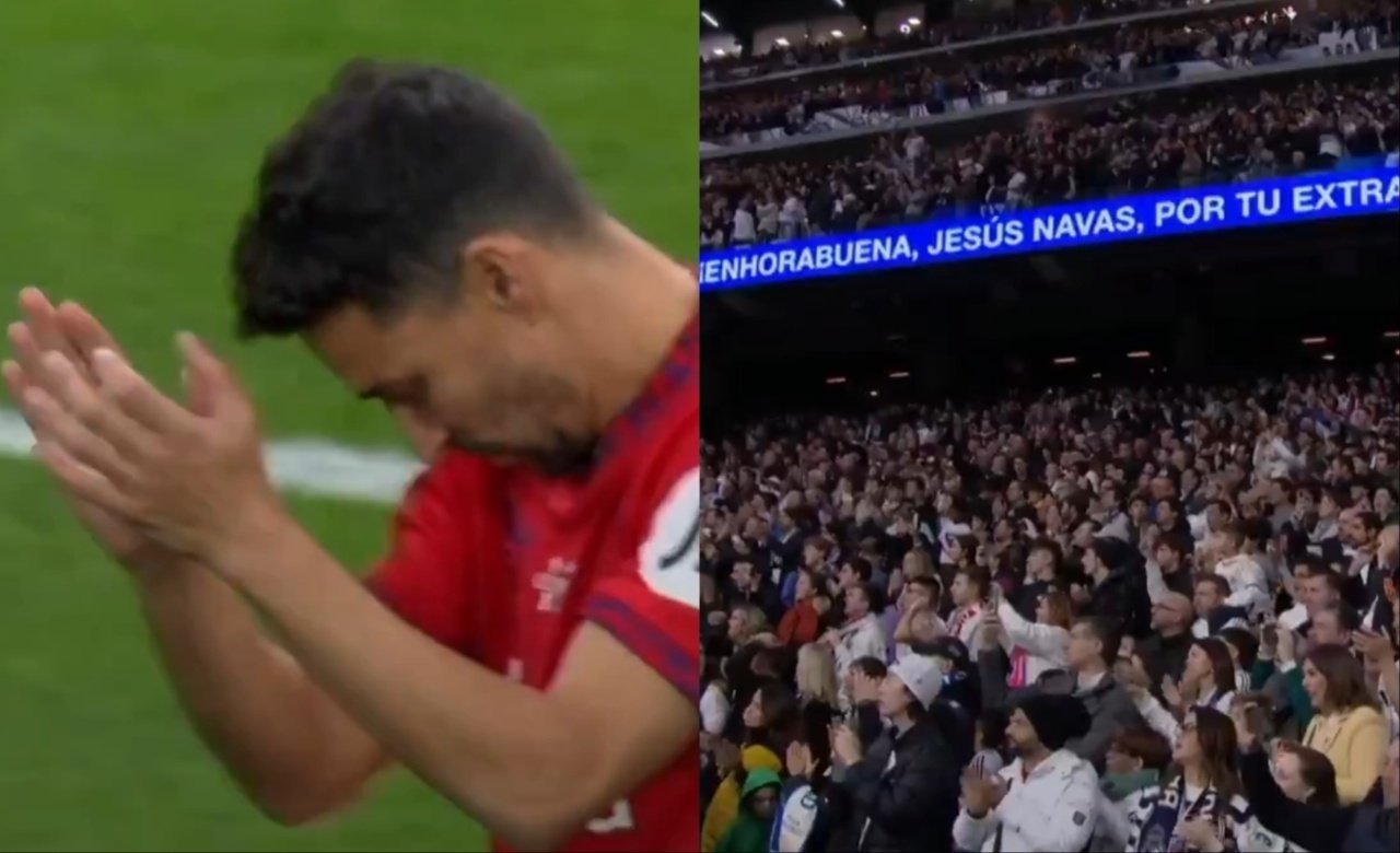 Jesús Navas, homenajeado en el Bernabéu. Capturas/DAZN