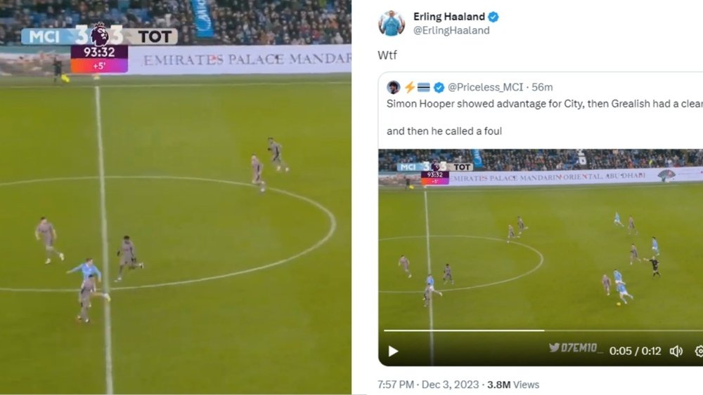 Hooper stopped the game when Grealish had a 1v1. Screenshots/beINSports/@erlinghaaland