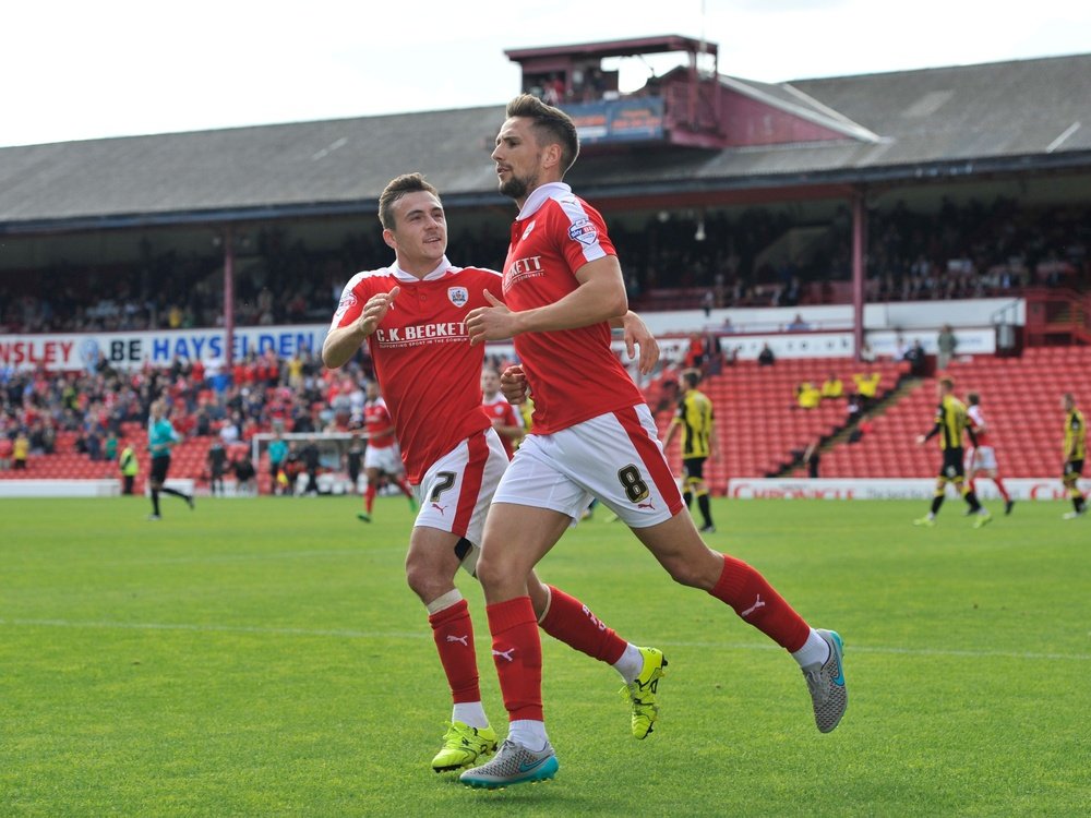 Hourihane (r) lifted the trophy with Barnsley last season. BarnsleyFC