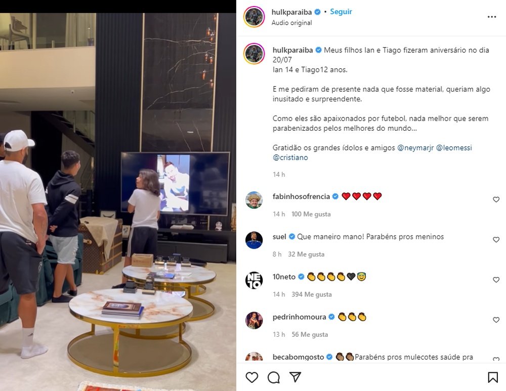 Los hijos de Hulk alucinaron al ver a CR7, Messi y Ney desearles feliz cumpleaños. Instagram/hulk