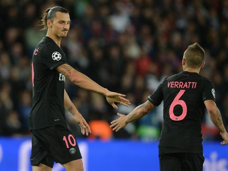 Ibrahimovic celebrating with Verratti after the goal. Twitter