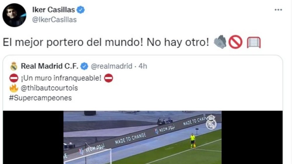 Casillas elogió a Courtois. Captura/Twitter/RealMadrid