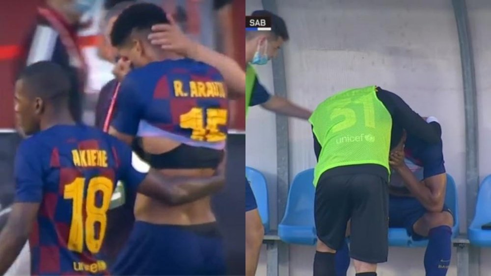 Araujo se fue llorando al banquillo por su lesión. Captura/BarçaTV