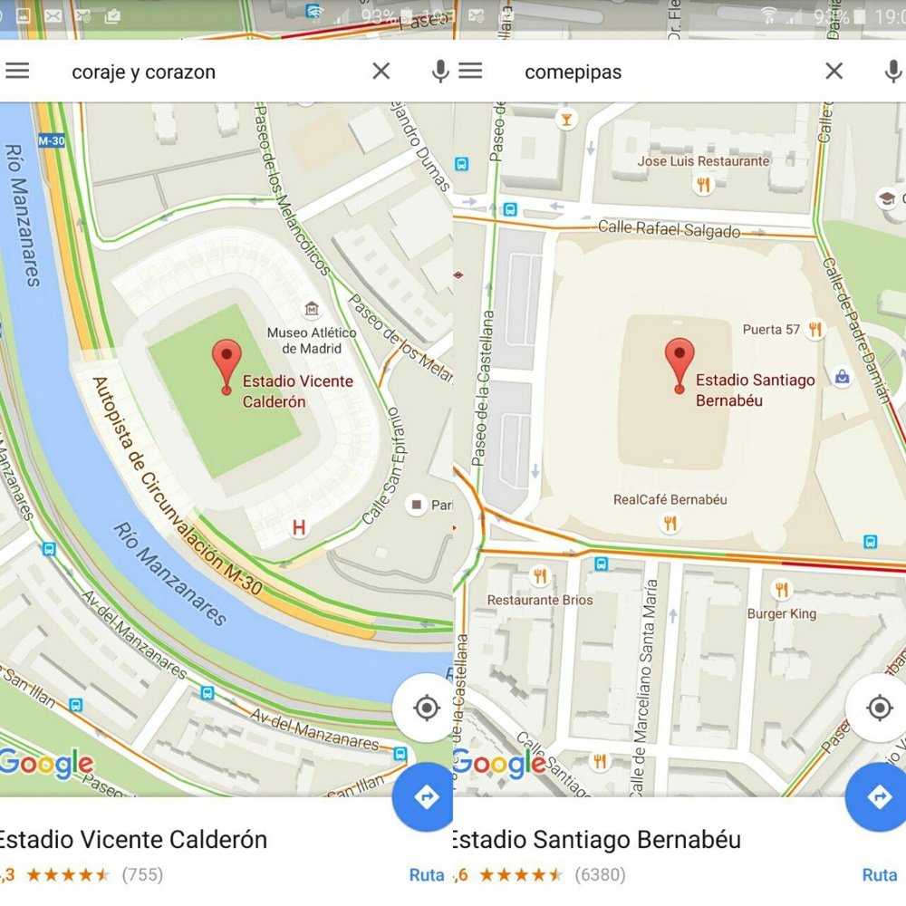 Imagen de Google Maps con la búsqueda del Santiago Bernabéu y el Vicente Calderón.