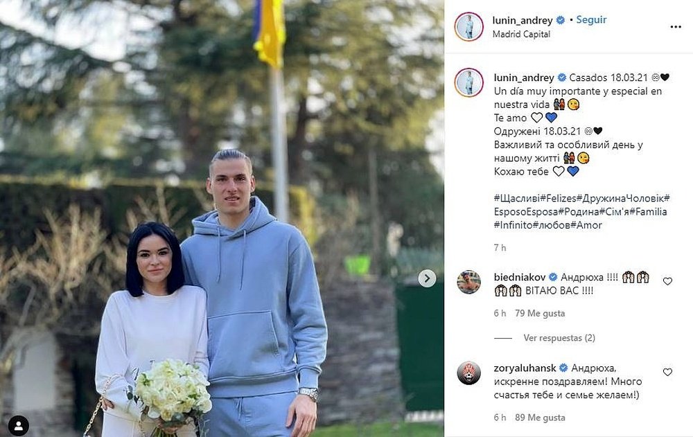 Le deuxième gardien du Real Madrid se marie en jogging. Instagram/Lunin_Andrey