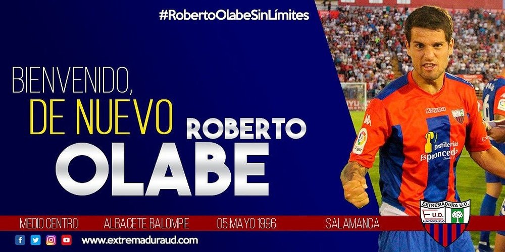El Extremadura anuncia el regreso de Olabe. Twitter/EXT_UD