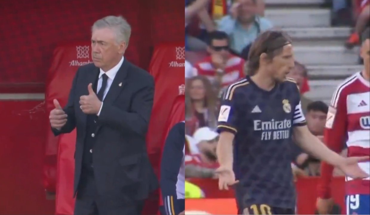 Ancelotti and Modric had a conversation during Madrid's match against Granada. Screenshot/DAZN