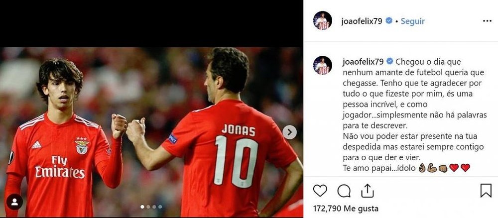 Joao Félix se puso tierno para despedir a su ídolo. Instagram/joaofelix79