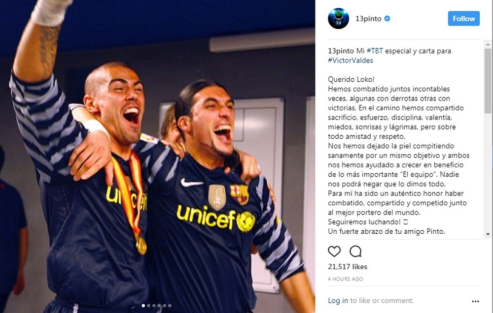 Pinto ha despedido así a Valdés. Instagram/13pinto