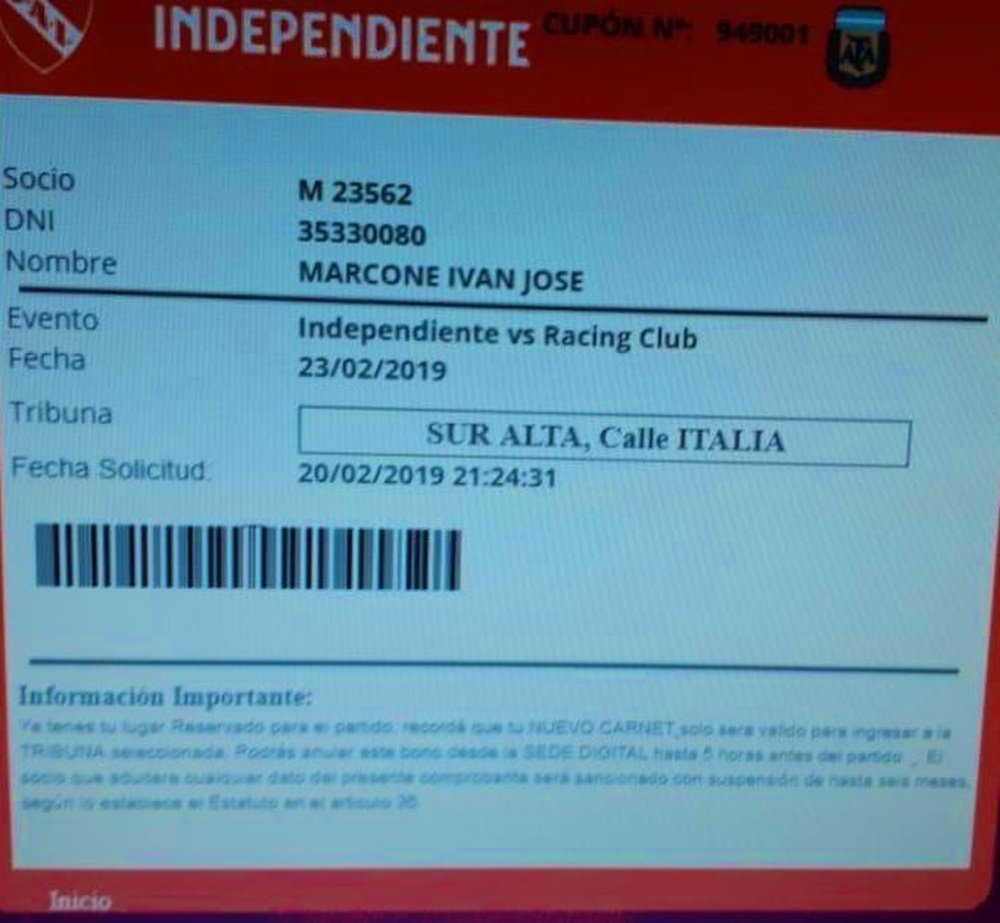 Marcone no se perderá el Independiente-Racing. Twitter/ReyDeAmerica24
