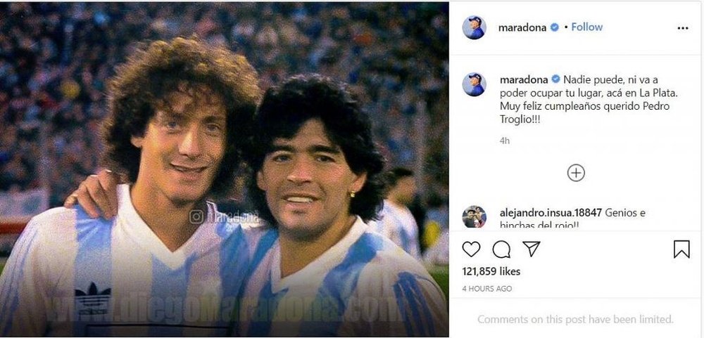 Diego no falló a la cita: su bonita felicitación a Troglio. Instagram/Maradona