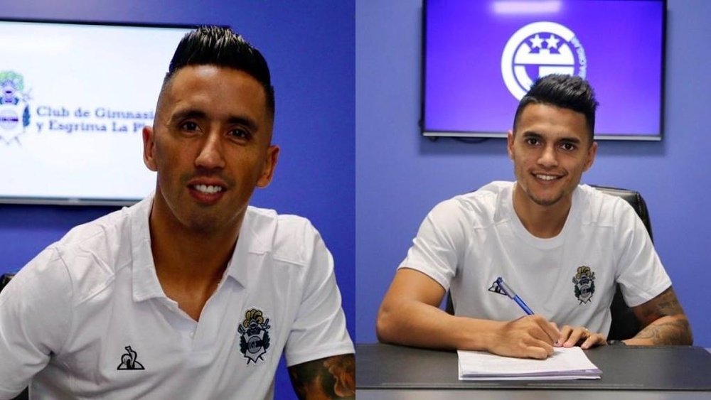 Dois reforços para Maradona: Lucas Barrios e Maxi Cuadra. Twitter/Gimnasiaoficial