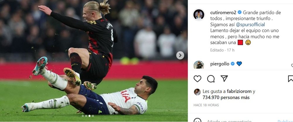 El Cuti Romero bromeó con su expulsión ante el Manchester City.  Instagram/cutiromero2