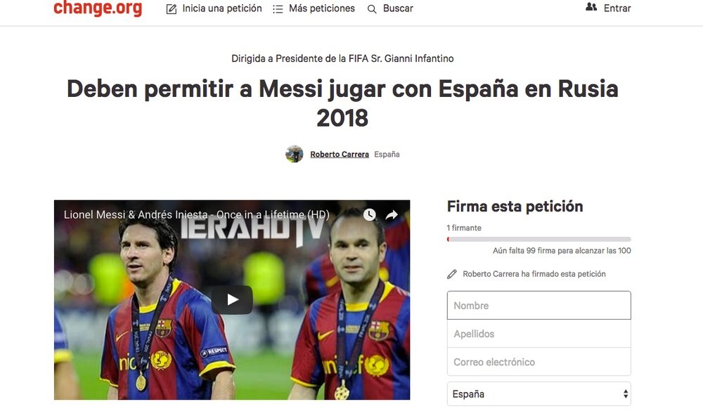 Imagen de la recogida de firmas para que Messi juegue con España. Change