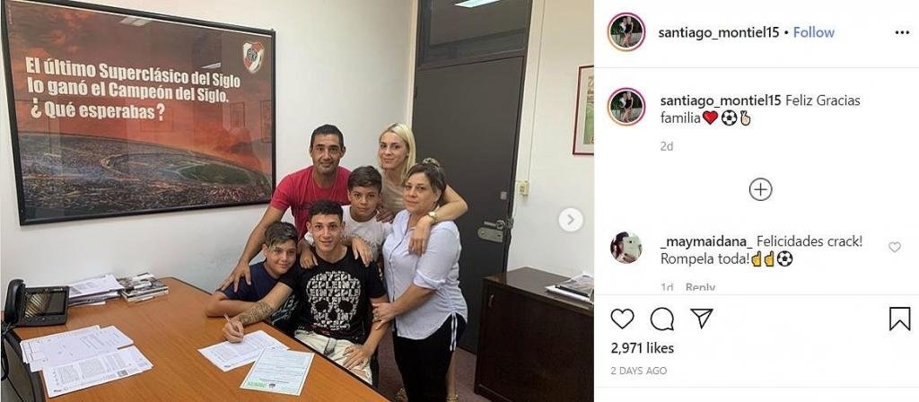 El primo de Montiel firma su contrato con River. Instagram/santiago_montiel15