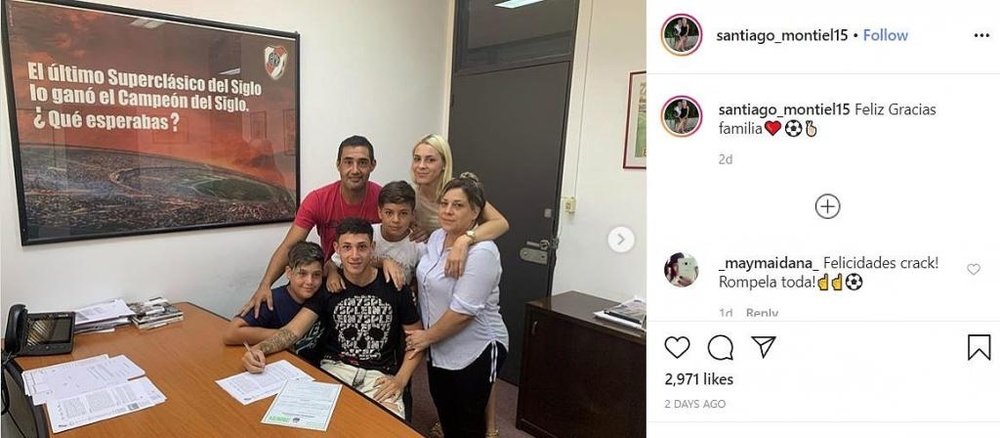 El primo de Montiel firma su contrato con River. Instagram/santiago_montiel15