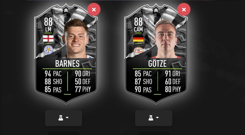 Imagen de las cartas Showdown de Harvey Barnes y Mario Götze. FUTBIN