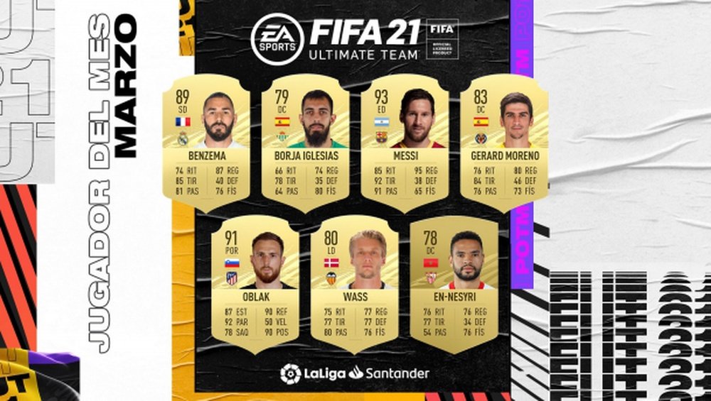 Imagen de los siete candidatos al POTM del mes de marzo de la Liga Santander. EASPORTSEsp