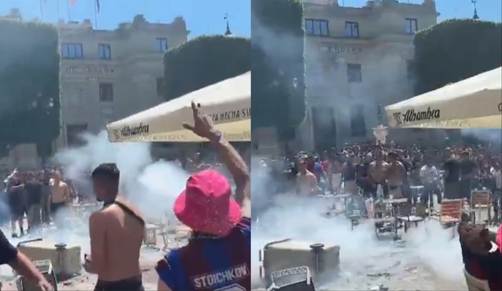 Distúrbios da torcida azul-grená pelas ruas de Sevilha. Captura/carrusel