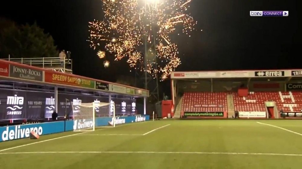 Fireworks force Cheltenham v City to stop for 6 minutes. Screenshot/BeINSports