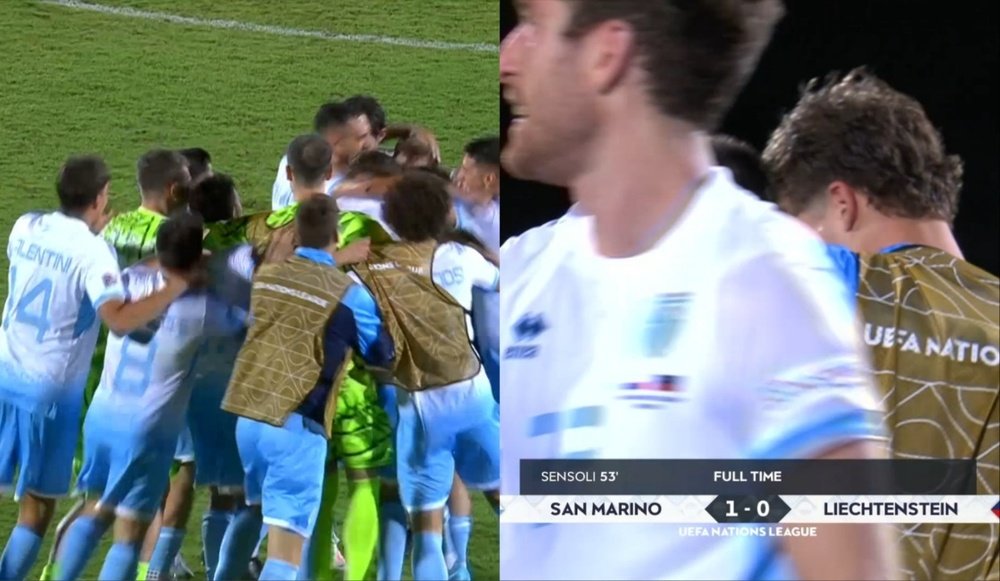 San Marino players celebrate historic win against Liechtenstein. SCREENSHOT/UEFATV