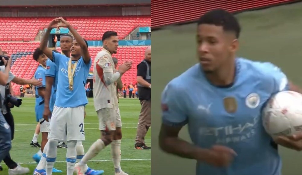 Savinho won his first title with Man City on Saturday. Screenshots/EmiratesFACup