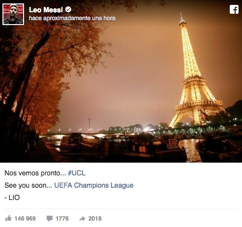 Imagen de una publicación de Messi celebrando el emparejamiento con el PSG. LeoMessi