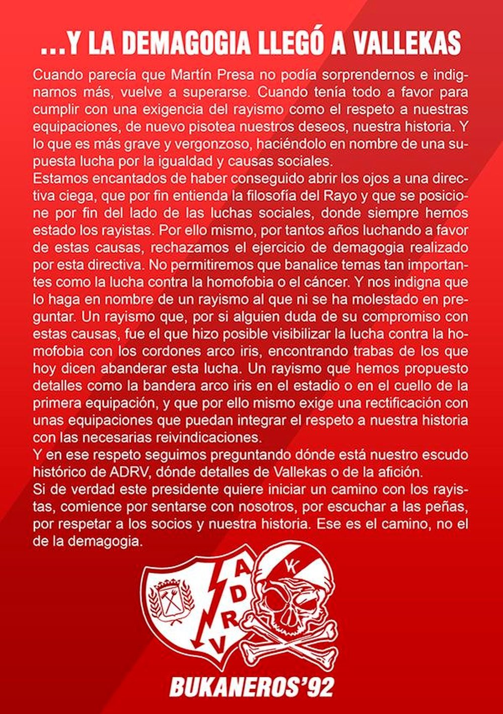 Imagen del comunicado publicado por los Bukaneros.