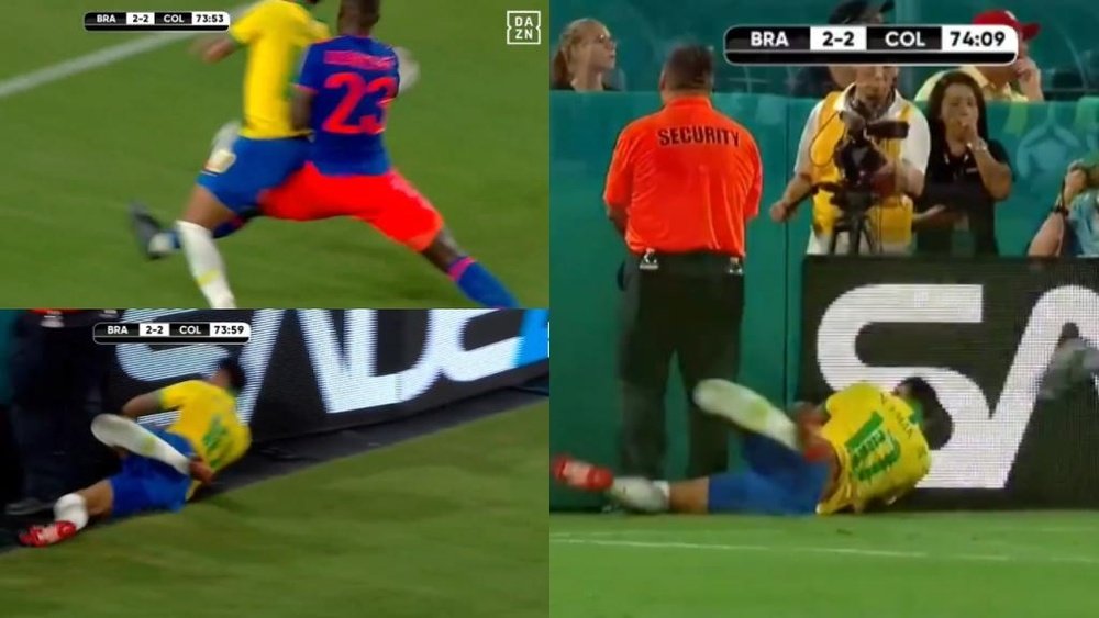 Neymar éjecté contre les panneaux par Sanchez. Captura/DAZN