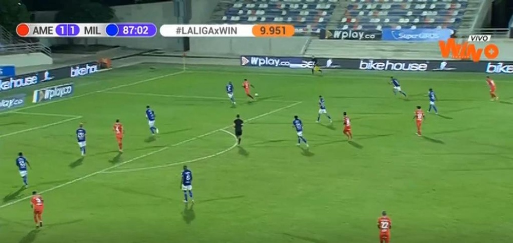 El América de Cali venció 2-1 frente a Millonarios. Captura/Fanatiz