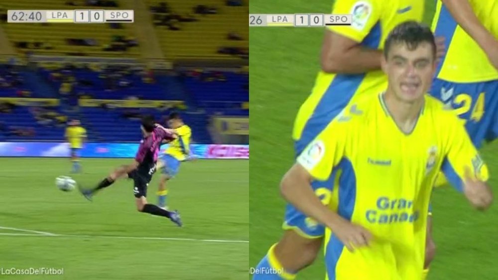 Pedri marcó un importante gol para Las Palmas. Captura/Movistar+
