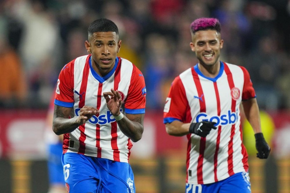 Savinho celebra un gol en el Girona-Atlético de esta campaña.- Efe