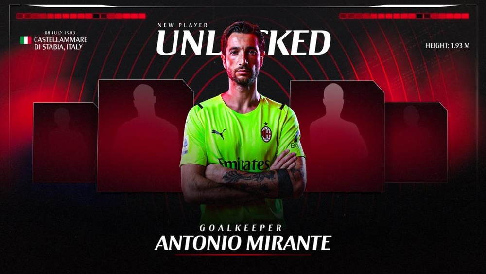 El Milan confirmó el fichaje de Mirante. Twitter/acmilan
