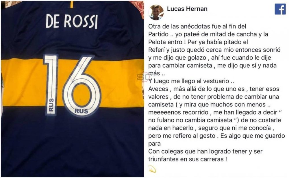 El detalle de De Rossi con un jugador de Aldosivi. Facebook/LucasVillalba