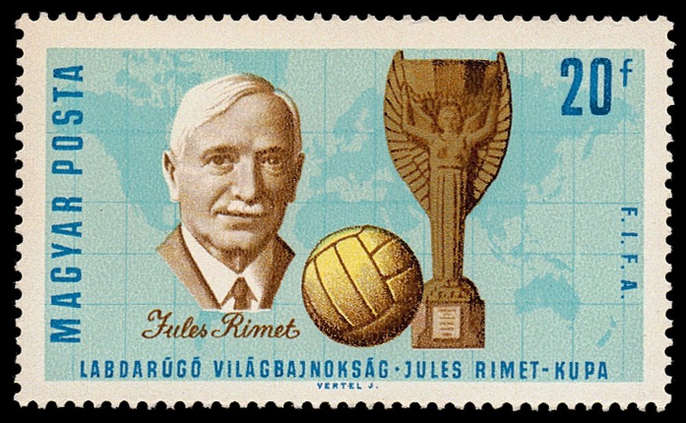 Imagen del sello creado en honor a Jules Rimet, fundador del Mundial de Fútbol y ex presidente de la