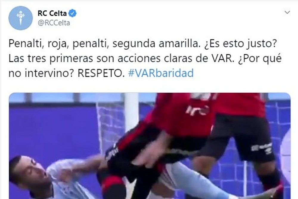 El Celta utilizó Twitter para criticar el uso del VAR. Twitter/RCCelta