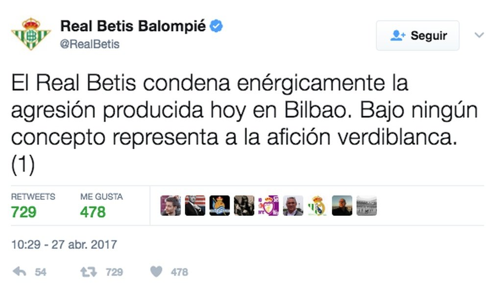 Imagen del tuit condenando la agresión de uno de sus hinchas en Bilbao. RealBetis