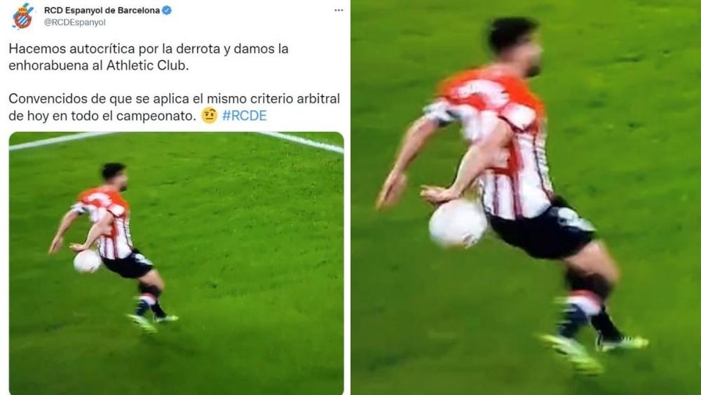 El Espanyol ironizó sobre el posible penalti no señalado de Balenziaga. Twitter/RCDEspanyol