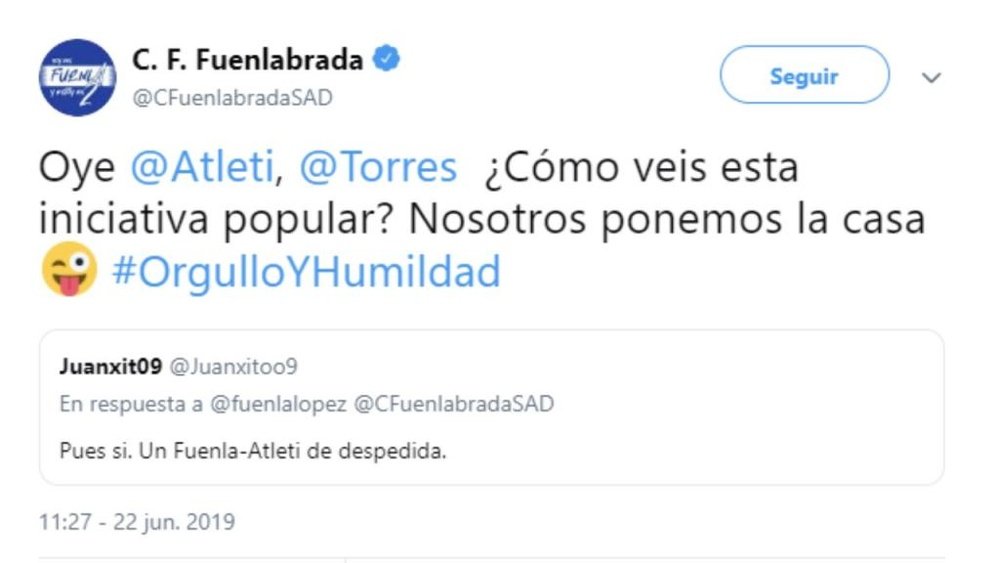 En el Fuenlabrada le han pasado la pelota al Atleti y al propio Torres. Twitter/CFuenlabradaSAD