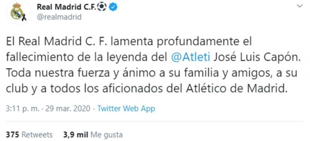 El Real Madrid recordó a Capón y lamentó su muerte. Twitter/RealMadrid