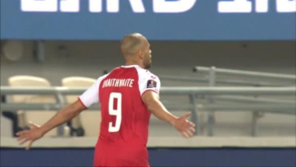 Braithwaite got on the scoresheet for Denmark against Israel. Screenshot/ESPN