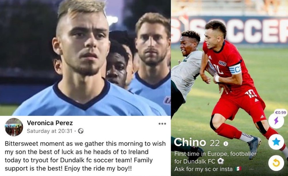 Jesús 'Chino' Pérez anunció que iba a jugar en el Dundalk en Tinder. UICMensSoccer/Tinder/Twitter